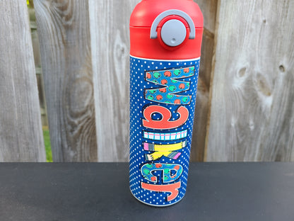 Blue School Days Personalized Water Bottle - 12 oz Flip Top Water Bottle with Straw