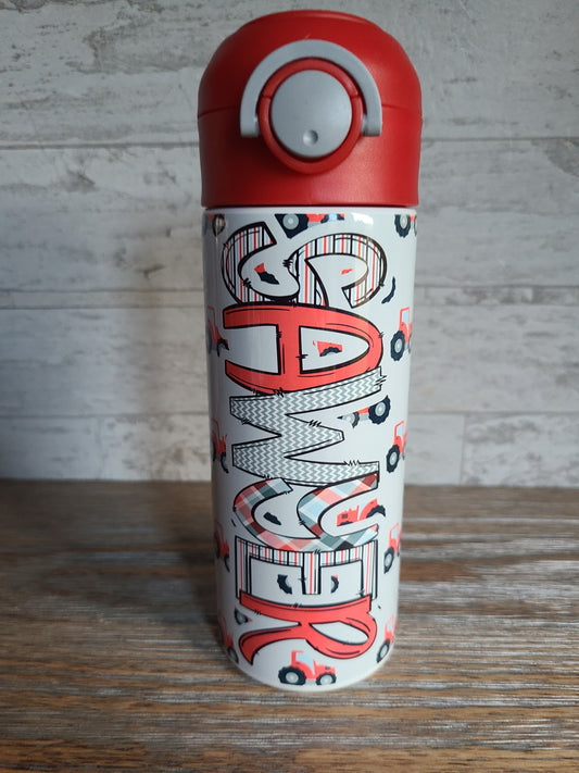 Personalized Red Tractors Water Bottle - 12 oz Flip Top Water Bottle with Straw
