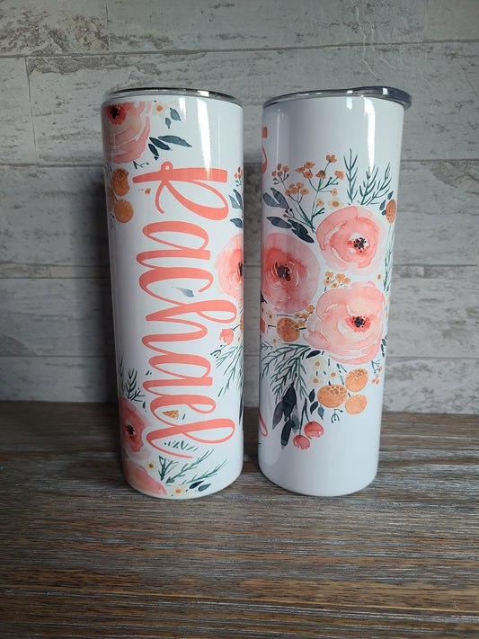 Coral Floral Personalized Skinny Tumbler