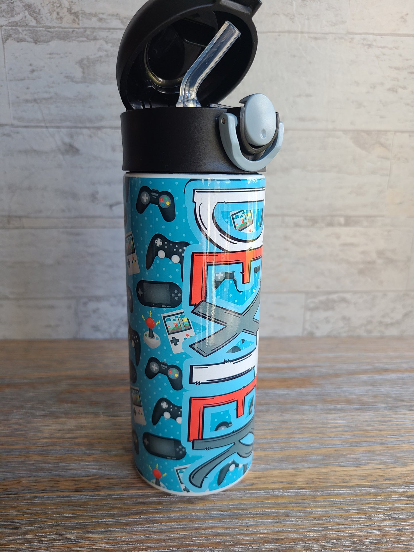 Blue Gamer Personalized Water Bottle - 12 oz Flip Top Water Bottle with Straw