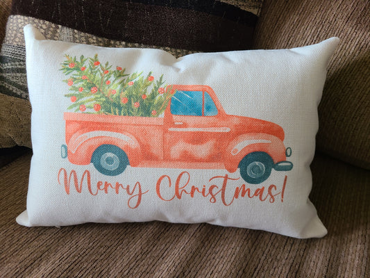 Merry Christmas Red Truck Lumbar Pillow