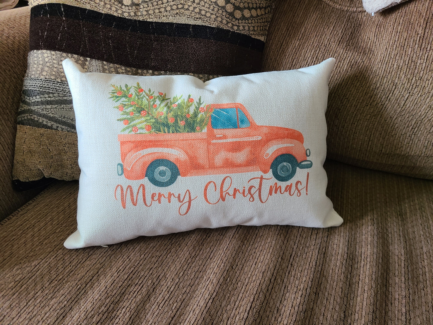 Merry Christmas Red Truck Lumbar Pillow