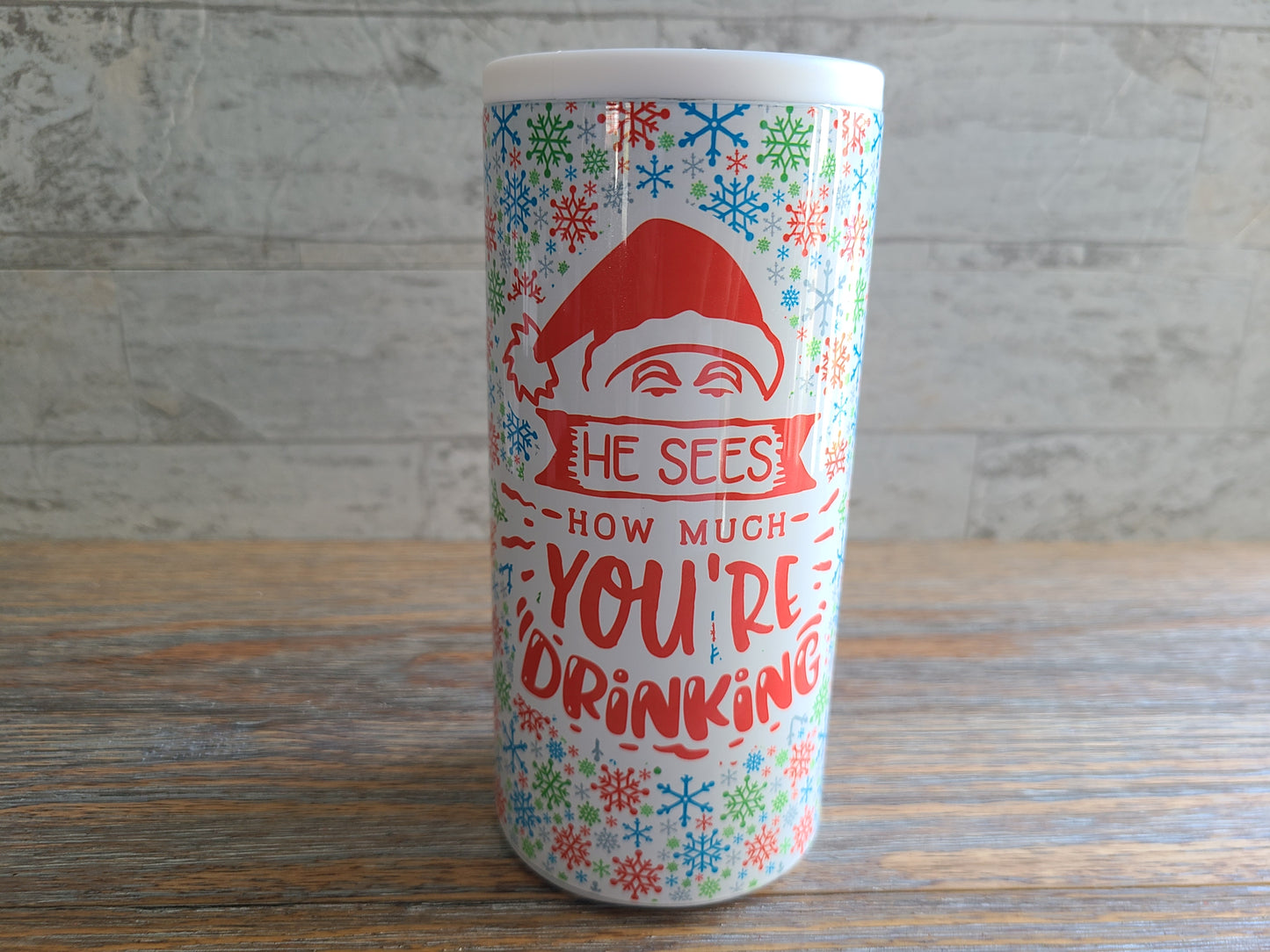 Christmas Skinny Can Cooler - He Sees You When You're Drinking