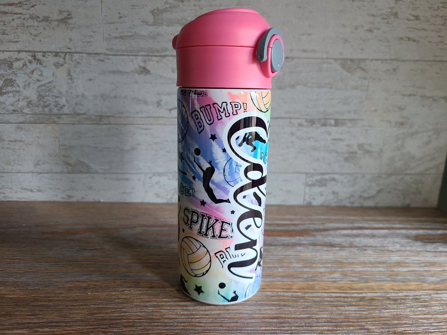 Volleyball Rainbow Tie Dye Water Bottle Personalized with Red Lid - 12 oz Flip Top Water Bottle with Straw
