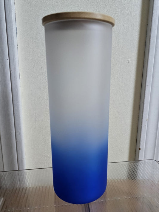 25 oz Frosted Glass Tumbler BLUE Ombre with Bamboo Lid - YOUR CHOICE OF DESIGN
