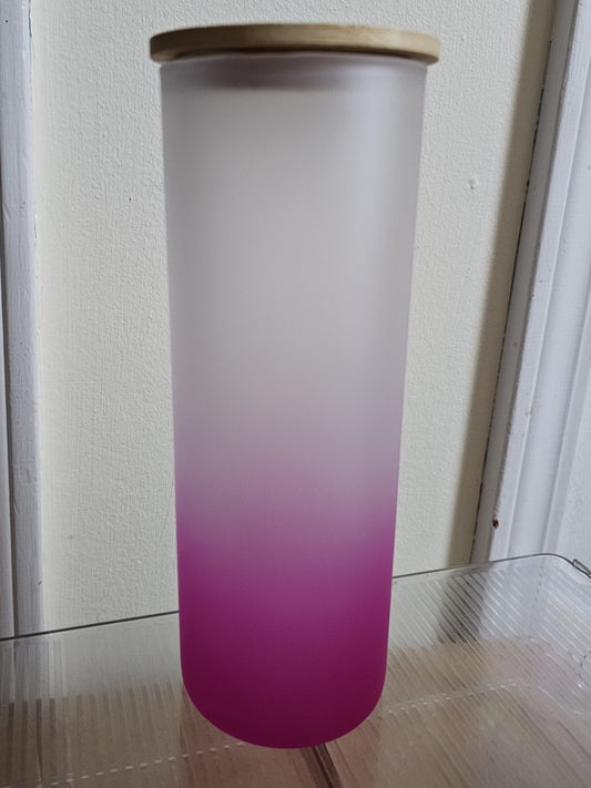 25 oz Frosted Glass Tumbler PINK Ombre with Bamboo Lid - YOUR CHOICE OF DESIGN