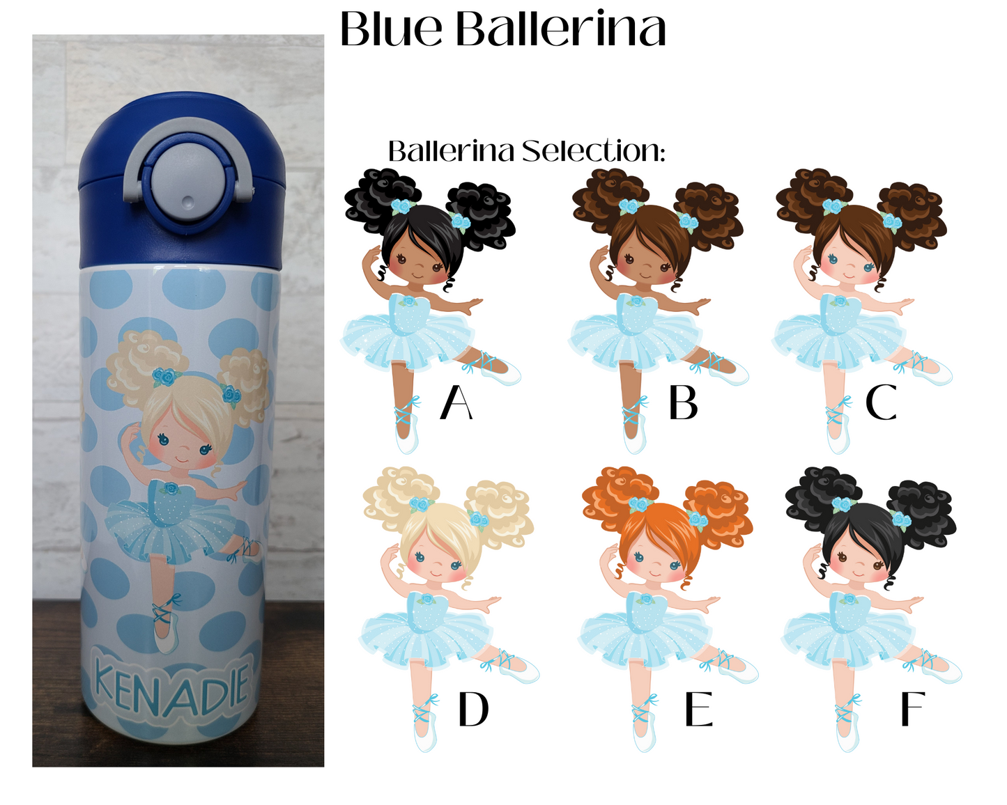 Personalized Blue Ballerina Water Bottle - 12 oz Flip Top Water Bottle with Straw