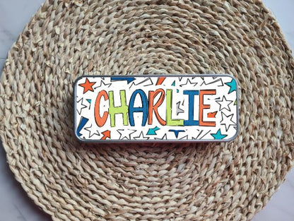 Blue, Green & Orange Personalized Tin Pencil Case