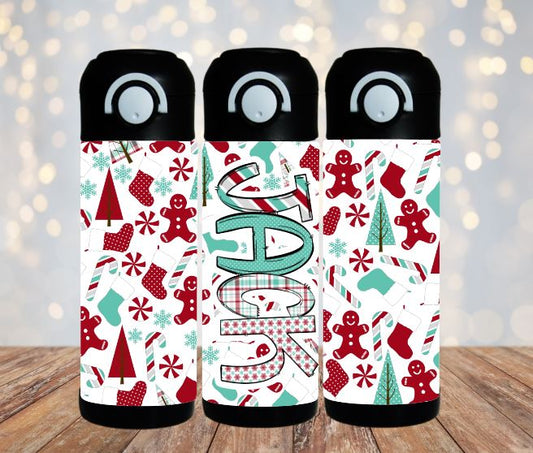 Red & Teal Christmas Flip Top Water Bottle - Personalized