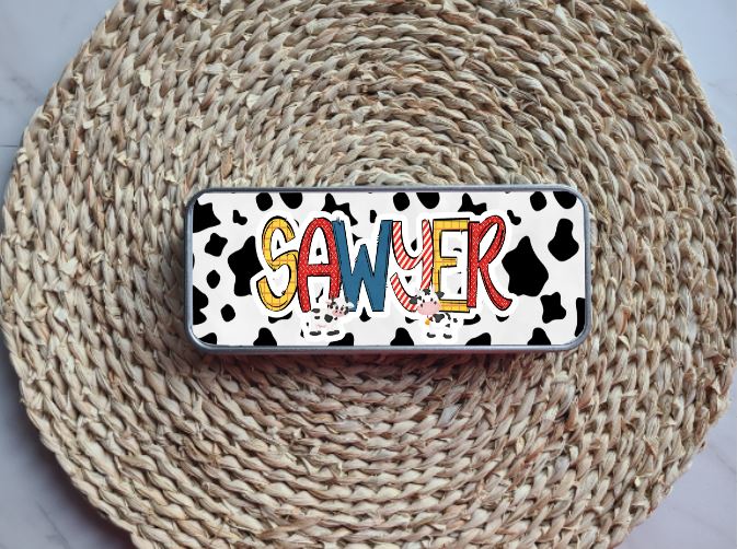 Cow Print Cowboy Personalized Tin Pencil Case