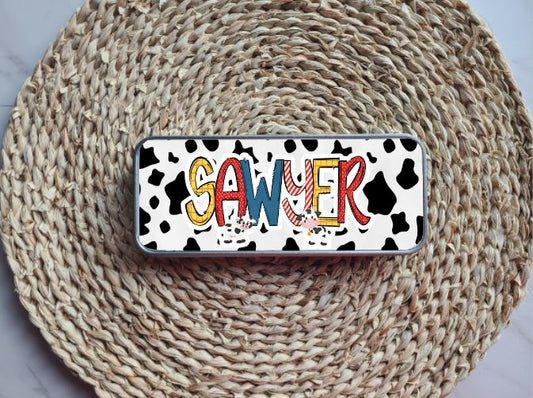 Cow Print Cowboy Personalized Tin Pencil Case