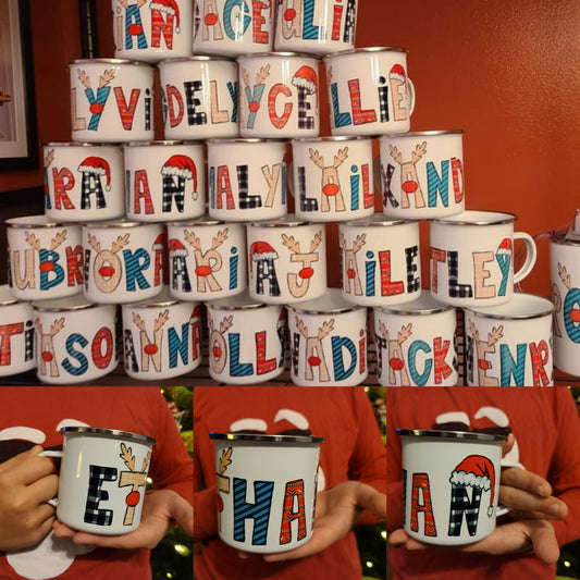 Christmas Hot Cocoa Mugs - 10 oz Enamel Coated Metal Mugs Personalized
