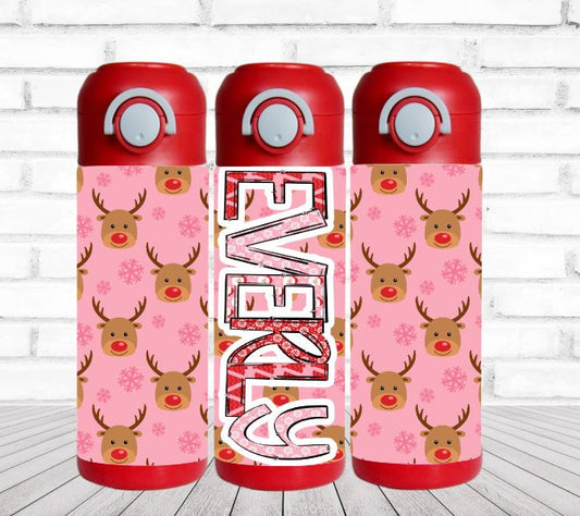 Pink Reindeer Flip Top Water Bottle - Personalized