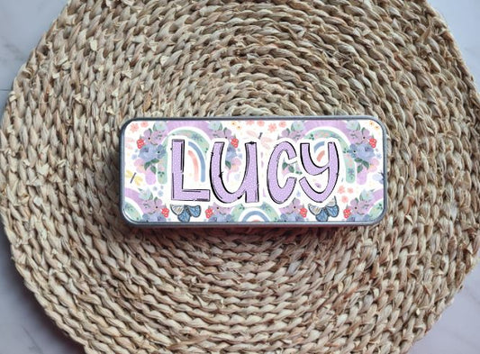 Purple Rainbows and Butterflies Personalized Tin Pencil Case