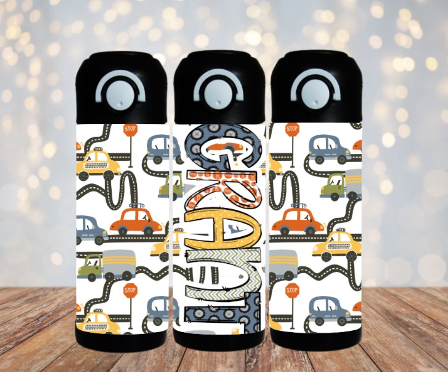 Driving Cars Flip Top Water Bottle - Personalized