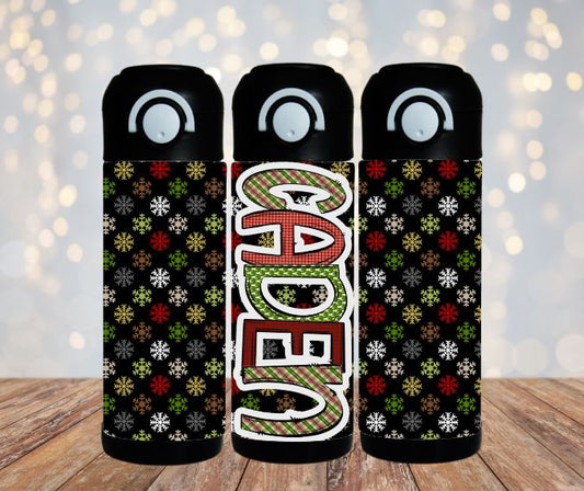Black with Snowflakes Christmas Flip Top Water Bottle - Personalized