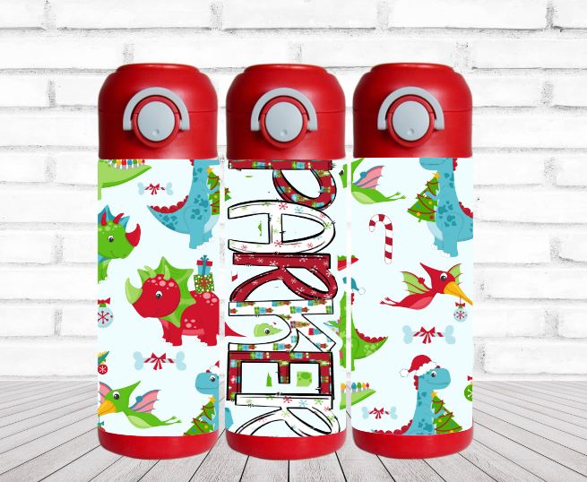 Christmas Dinosaurs Flip Top Water Bottle - Personalized