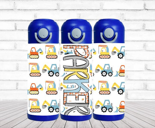 Blue and Gray Construction 12 oz Flip Top Water Bottle - Personalized
