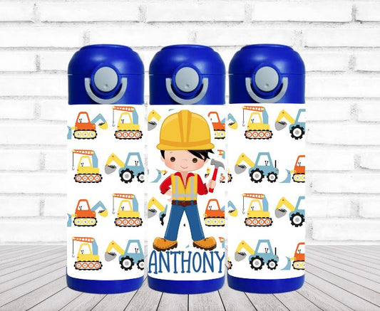 Construction Boy 12 oz Flip Top Water Bottle - Personalized
