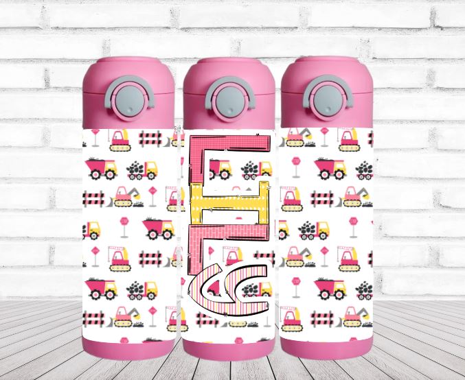 Pink and Gray Construction 12 oz Flip Top Water Bottle - Personalized