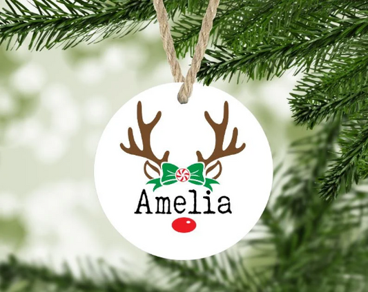Reindeer with Bow Personalized Christmas Tree Ornament