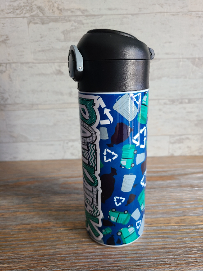 Personalized Garbage Trucks Water Bottle - 12 oz Flip Top Water Bottle with Straw
