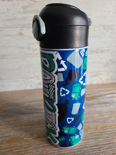 Personalized Garbage Trucks Water Bottle - 12 oz Flip Top Water Bottle with Straw