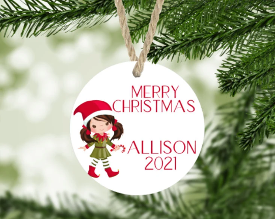 Girl's Christmas Elf Ornament Personalized