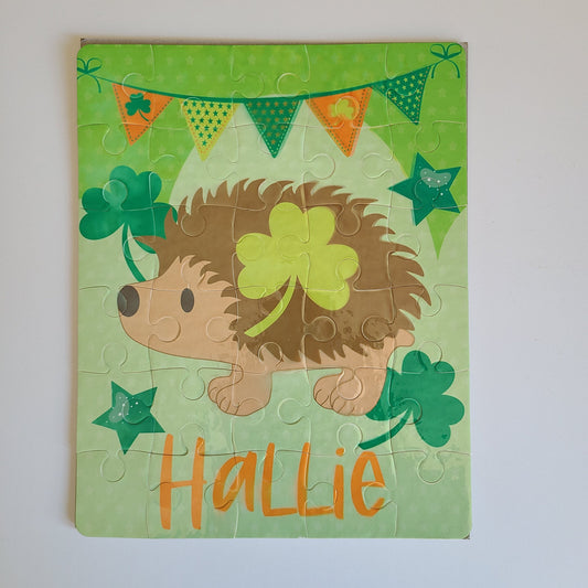 Personalized St. Patrick's Day Puzzle for Kids - Shamrocks - Green Puzzle - 30 piece puzzle - Hedgehog Puzzle