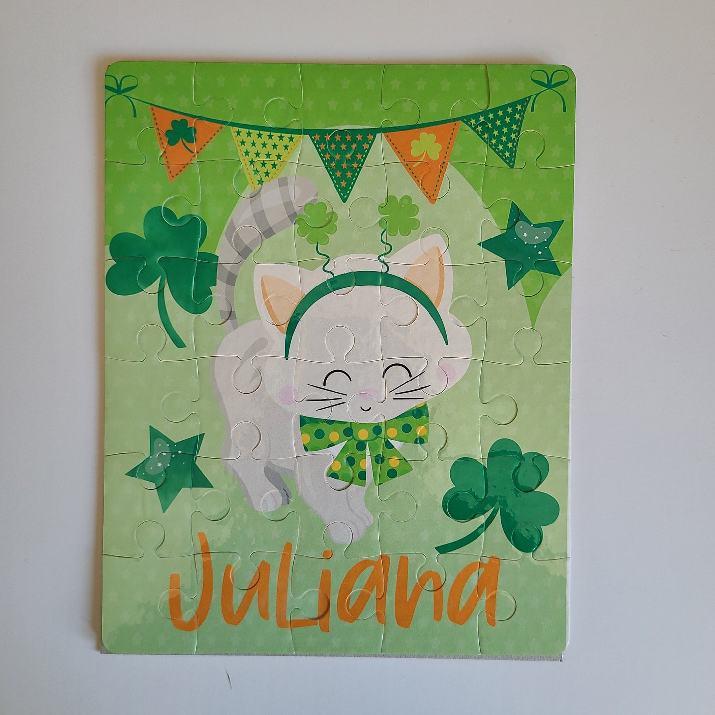Personalized St. Patrick's Day White Cat Puzzle for Kids