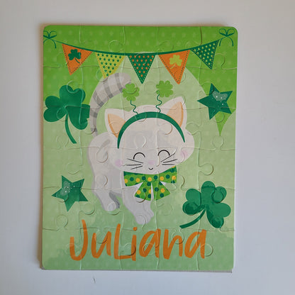 Personalized St. Patrick's Day White Cat Puzzle for Kids