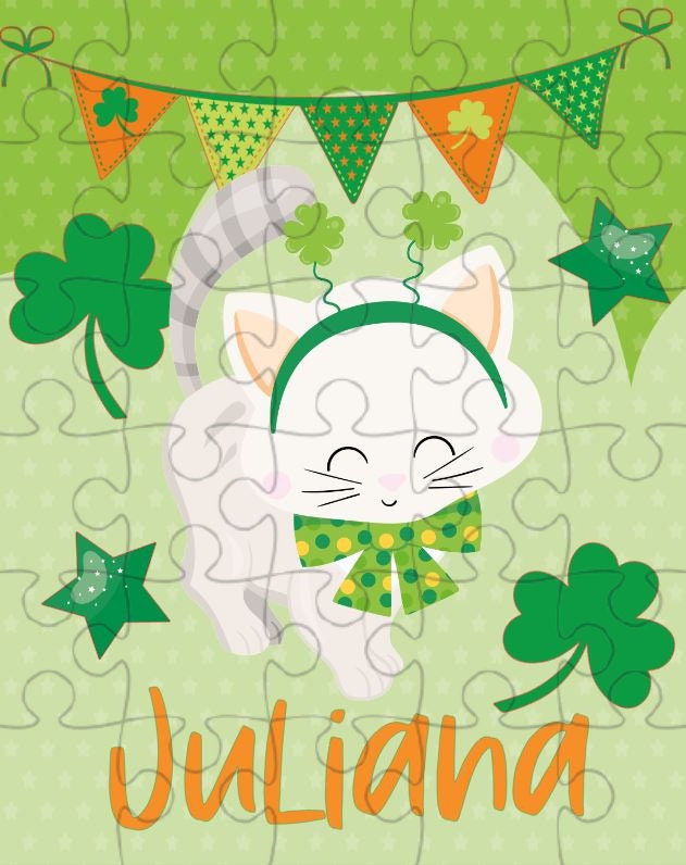 Personalized St. Patrick's Day White Cat Puzzle for Kids