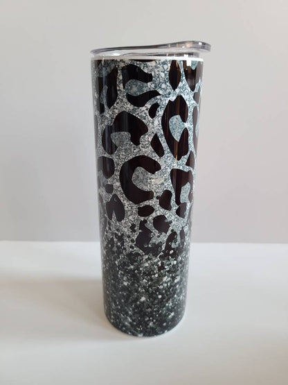 Black and Silver Leopard Print 20 oz Skinny Tumbler - FAUX Glitter