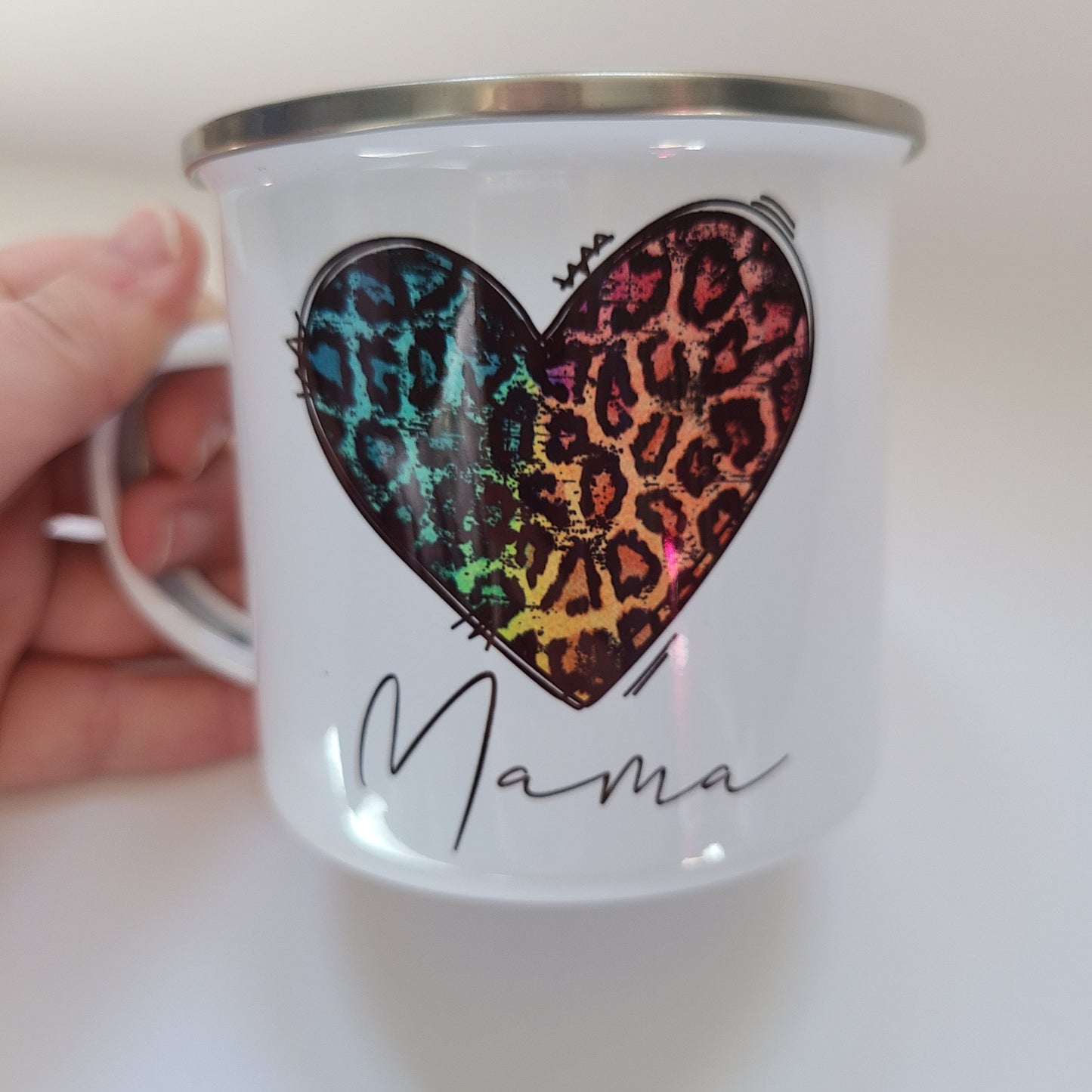 Mama Rainbow Leopard Heart Small Enamel Mug