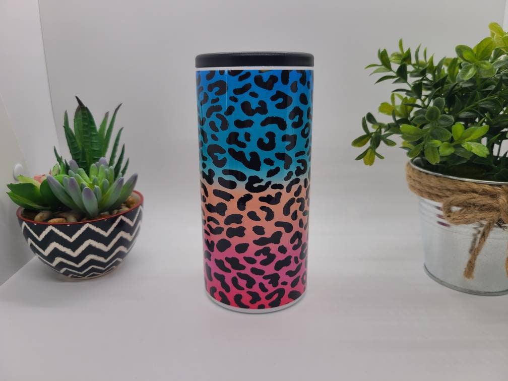 Rainbow Leopard Skinny Can Cooler