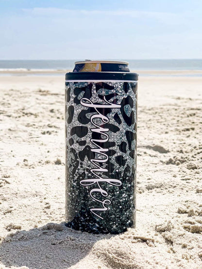 Personalized Black and Silver Leopard Skinny Can Cooler