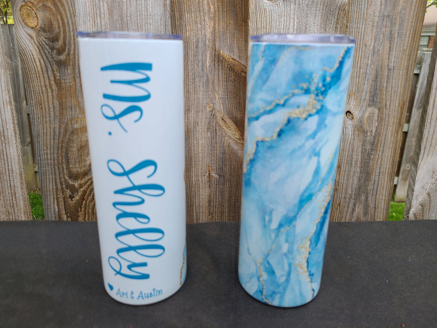 Blue and Gold Marble Personalized Skinny Tumbler - FAUX Glitter