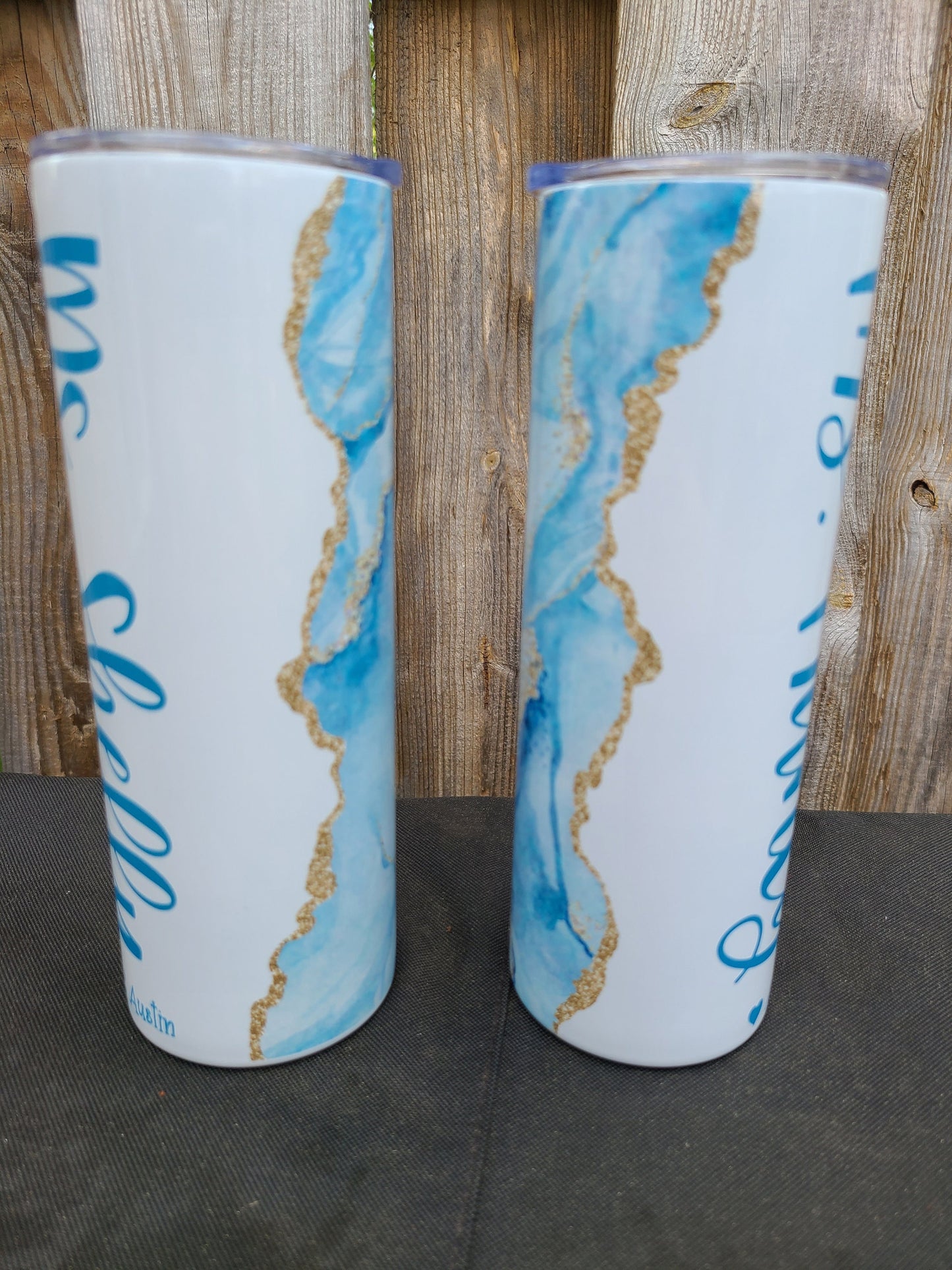 Blue and Gold Marble Personalized Skinny Tumbler - FAUX Glitter