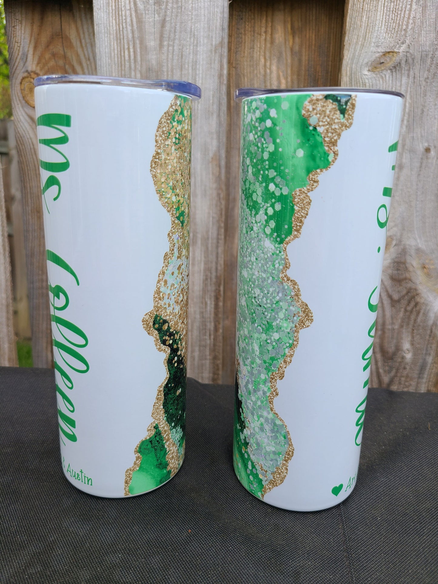 Green and Gold Marble Personalized Tumbler - FAUX Glitter