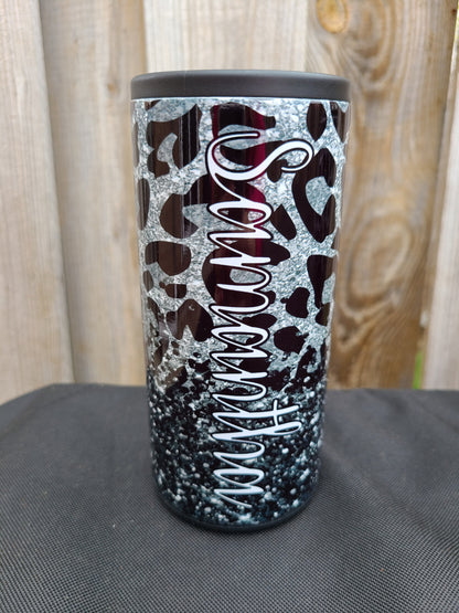 Personalized Black and Silver Leopard Skinny Can Cooler
