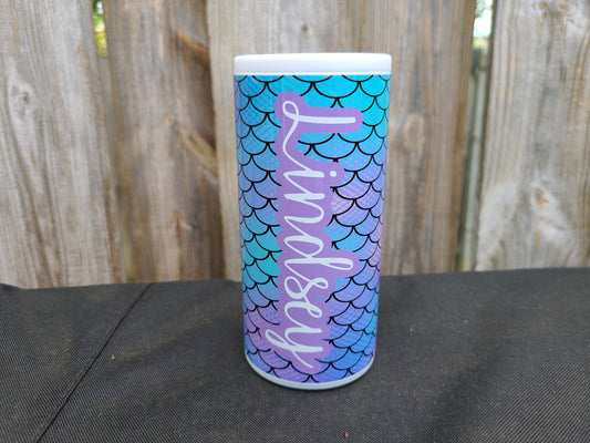 Personalized Teal and Purple Mermaid Skinny Can Cooler