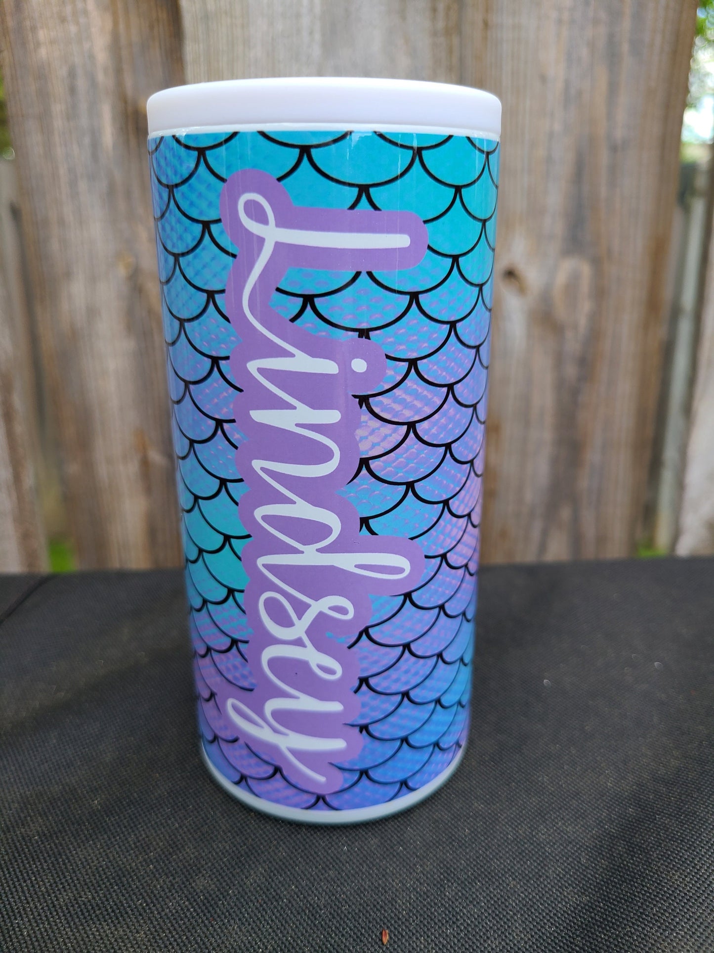 Personalized Teal and Purple Mermaid Skinny Can Cooler