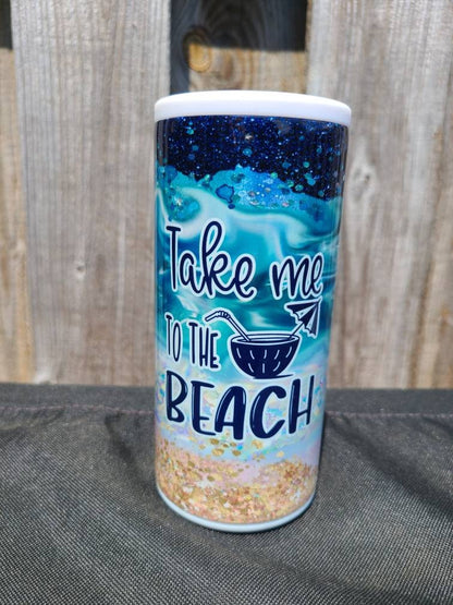 Take Me To The Beach Skinny Can Cooler - FAUX Glitter