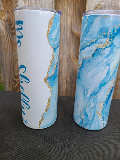 Blue and Gold Marble Personalized Skinny Tumbler - FAUX Glitter