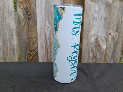 Teal & Gold Marble Personalized Skinny Tumbler - FAUX Glitter