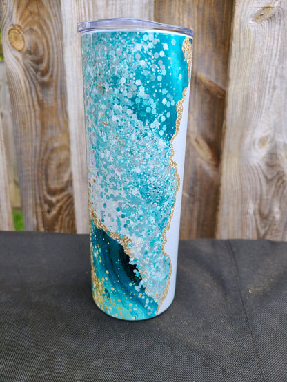 Teal & Gold Marble Personalized Skinny Tumbler - FAUX Glitter