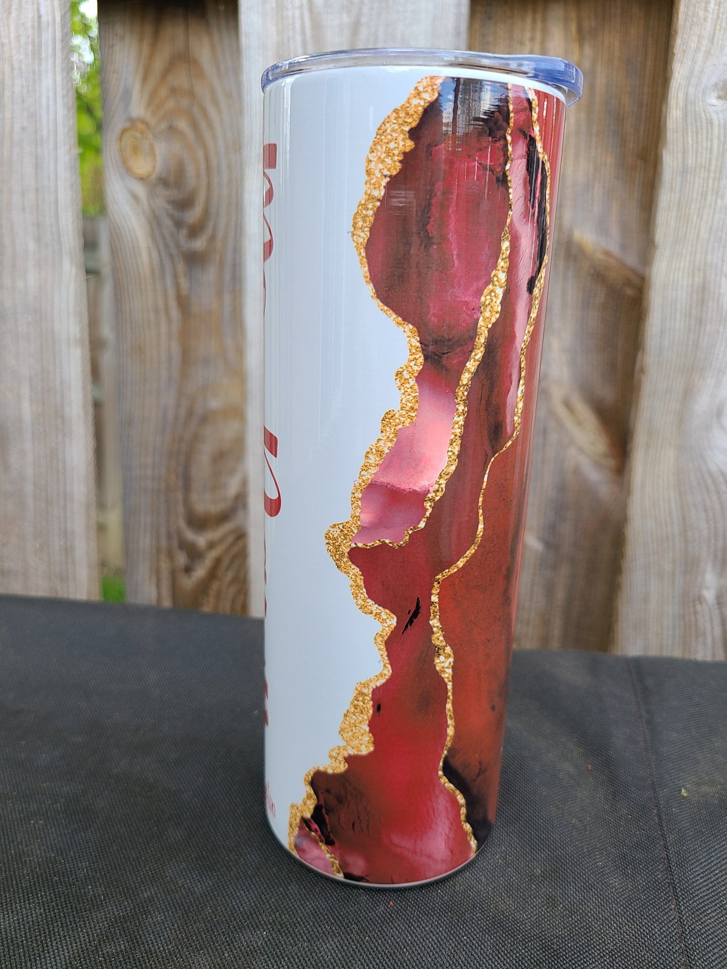 Dark Red and Gold Marble Personalized Skinny Tumbler - FAUX Glitter