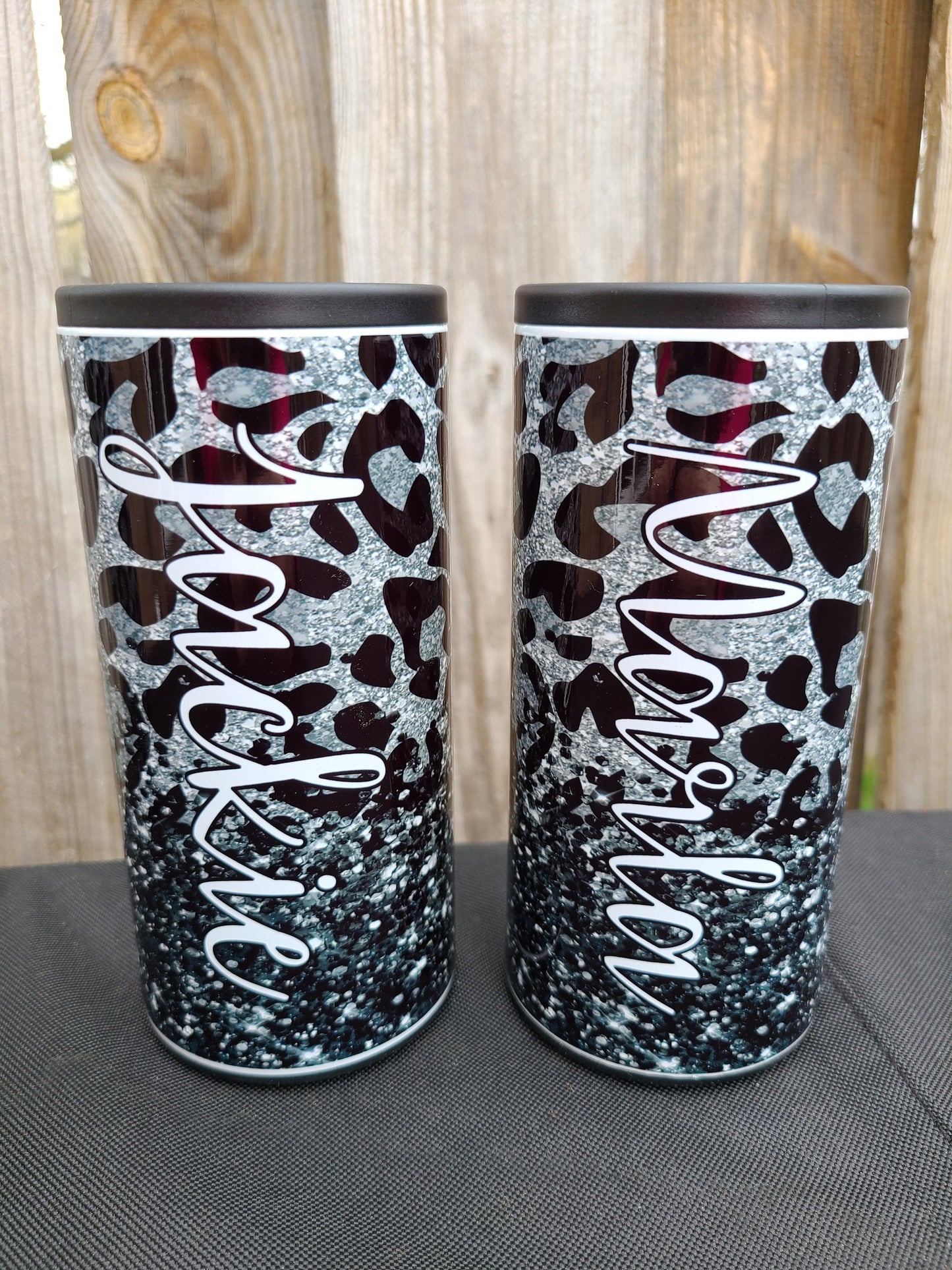 Personalized Black and Silver Leopard Skinny Can Cooler