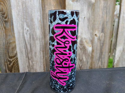 Personalized Black and Silver (with pink) Leopard Skinny Tumbler