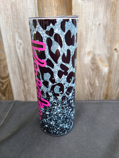 Personalized Black and Silver (with pink) Leopard Skinny Tumbler